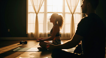 Silhouetted Couple Meditating Together in a Warm, Sunlit Room