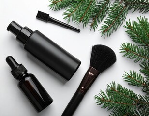 Dark cosmetics & spruce boughs lay on white