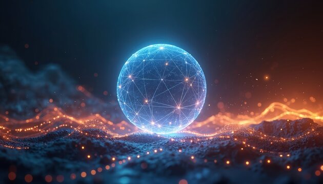 Glowing digital globe connects points with light lines. Abstract network mesh sphere floats over abstract landscape. Futuristic technology background with digital data streams.