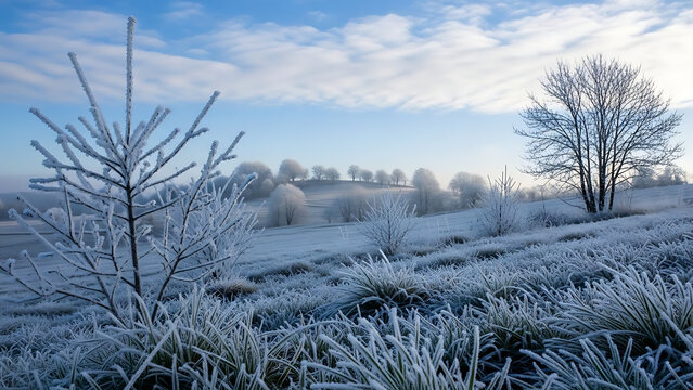 Frosty landscape with trees and grass under blue sky - Powered by Adobe