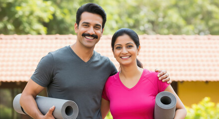 Happy Indian Couple Ready for Yoga and Fitness