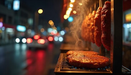 Meat on vertical rotisserie and grill rack, street food stand at night. Cars pass by in bokeh background. Delicious grilling kebab. Evening city lights glow.