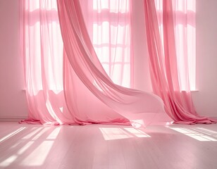 Pink sheer curtains blow in bright light