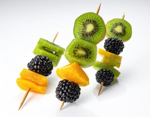 Fruit skewers kiwi, blackberry, orange on toothpicks