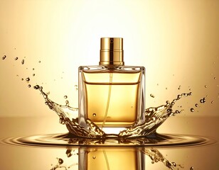 Perfume bottle amid liquid splash