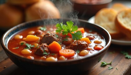 Steaming bowl of goulash soup with meat chunks beans and carrots. Hearty stew served with bread rolls for a satisfying meal. Warm comfort food preparation on rustic table.