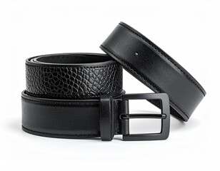Black leather belts, one textured, isolated on white