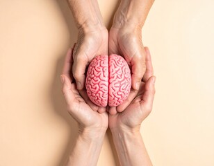 Two pairs of hands holding a pink brain
