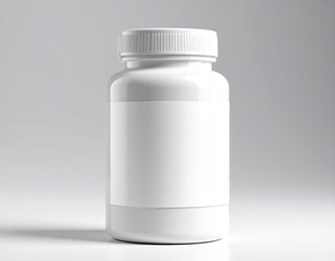 White pill bottle with blank label on a light grey backdrop