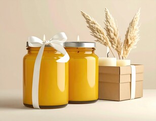 Two yellow candles, ribbon, box with pampas grass