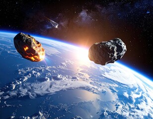 Asteroids approaching Earth, seen from space, with sun