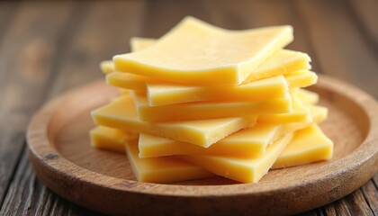 Stack of creamy yellow cheese slices on wooden plate. Food snack for healthy diet and delicious meals. Gastronomy ingredient for cooking and culinary.