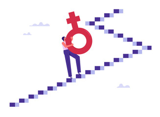 Gender inequality or women rights concept, woman climbing ladder and carrying female symbol, show the power of women, strong, equality. The diversity of nationalities in work and business