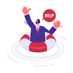 Help in crisis, rescue or business support concept, businessman with lifebuoy need of help and rescue, bankruptcy or business problem