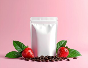 White pouch w/ coffee, strawberries on bright pink surface