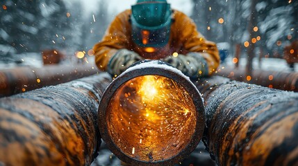 A skilled metal worker, clad in protective gear, meticulously welded a pipeline, his movements precise and focused, against the backdrop of a bustling industrial setting, where sparks danced 