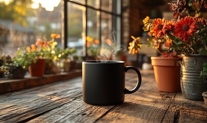 Steaming mug of coffee on a wooden table with red autumn flowers