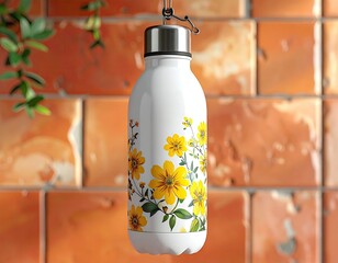 Floral water bottle hangs against a brick wall
