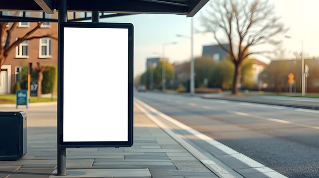 blank vertical advertising panel mockup at bus stop, commercial ad screen 