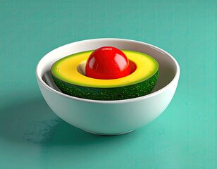 Half avocado, red seed, in white bowl on turquoise surface