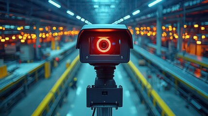 A sleek, black surveillance camera, a sentinel guarding the industrial heartland, its lens fixed on the vast expanse of the factory floor, a testament to the modern age's ever-watchful gaze 