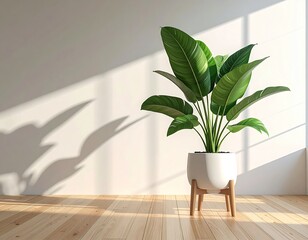 Indoor plant pot bathed in sun, shadow play on wall