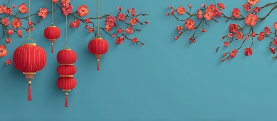 Chinese new year banner with lantern and flowers on blue background