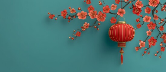 Chinese new year banner with lantern and flowers on blue background