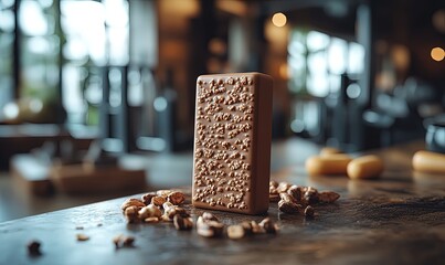 Chocolate protein bar with nuts on a counter in a modern gym