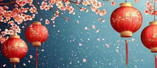 Chinese new year banner with lantern and flowers on blue background