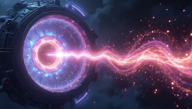 Plasma energy beam travels through circular tokamak reactor device. Glowing particles and light waves emanate from the fusion process. Futuristic science and energy generation concept.