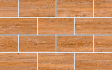 A close-up view of a wooden brick wall texture with light brown tones and white grout lines