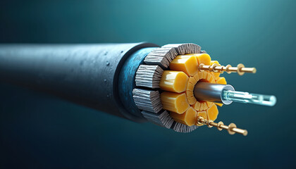 Cross section of submarine fiber optic cable. Shows internal structure, glass core, protective layers, and transmission wires. Underwater communication technology for global data flow.