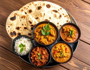 Indian curries with naan bread and rice on a silver platter
