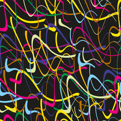 Dynamic composition of multicolored flowing lines over black. High contrast abstract design with expressive brush-like strokes. Perfect for contemporary fashion, branding, and energetic backdrops.