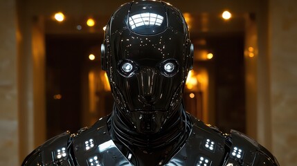 A sleek, metallic robot, its arms outstretched and sensors scanning the factory floor, a testament to human ingenuity in automation 