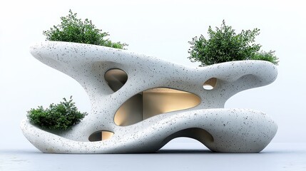 A sleek, minimalist chimney, crafted from sustainable materials, stands proudly, its base adorned with vibrant green plants, a symbol of the harmony between industry and nature 