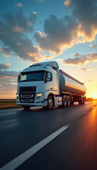 White tanker truck drives on asphalt highway at sunset. Large trailer carries liquids. Cloudy sky with orange sun reflection. Rural landscape visible.