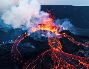 Erupting volcano with lava flow, plume, and dark landscape