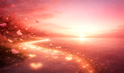 Dreamy glowing path of light along peaceful coastline at pink sunset horizon,Generative ai