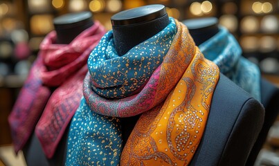 Row of Stylish Patterned Scarves on Mannequins