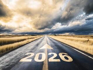 futuristic 2026 concept on open highway with arrow forward under dramatic sky. vision and progress theme