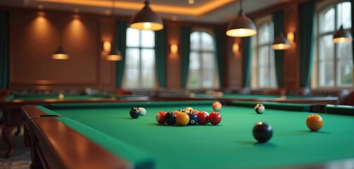Pool tables in dimly lit club room. Billiard balls racked and scattered on green felt. Cue sticks rest nearby, awaiting players for a game of nine ball or snooker. Leisurely atmosphere.