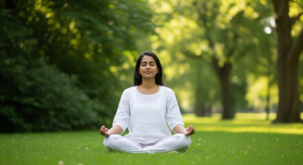 Serene Young Woman Meditating Peacefully in Green Park Nature