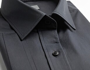 Folded black shirt collar, buttons, and pleats detail