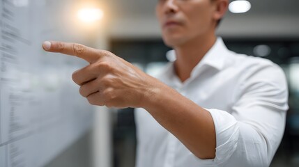 Professional pointing at a detailed chart on a whiteboard illustrating business strategy and planning