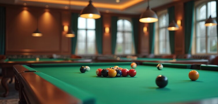 Pool tables in dimly lit club room. Billiard balls racked and scattered on green felt. Cue sticks rest nearby, awaiting players for a game of nine ball or snooker. Leisurely atmosphere.