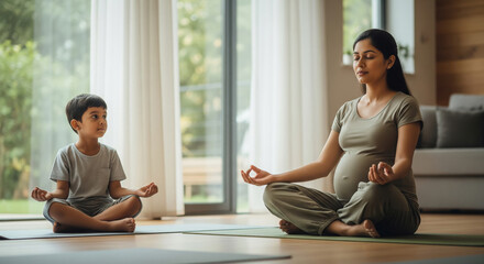 Pregnant Woman and Child Meditate Peacefully at Home