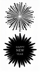 Fototapeta premium Festive black and white abstract fireworks and starburst design with Happy New Year text, perfect for celebrations.