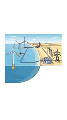 Oil Rig and Wind Turbine Illustration.